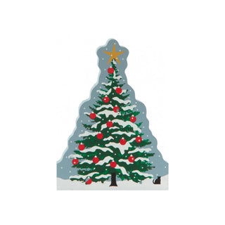 3/4" thick wooden replica with an illustration of a Christmas tree with red ornaments and a gold star on a light blue background