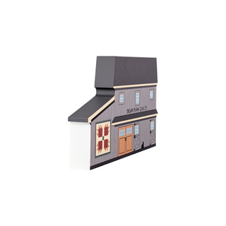 3/4" thick wooden illustration of a barn with a quilt block on a white background