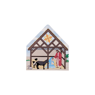 3/4" thick wooden illustration of a Nativity scene on a white background