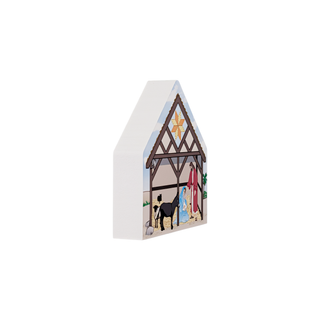 3/4" thick wooden illustration of a Nativity scene on a white background