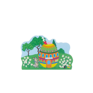 3/4" thick wooden replica with a Colorful egg  house with a rabbit in a garden on a white background