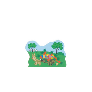 3/4" thick wooden replica with a Colorful illustration of a rabbit  with a cart on a white background