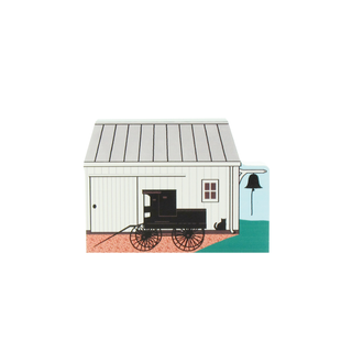 3/4" wooden replica of an amish buggy outside of a white barn 