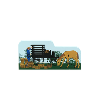 3/4" wooden replica of an amish man selling baskets out of his horse drawn wagon 