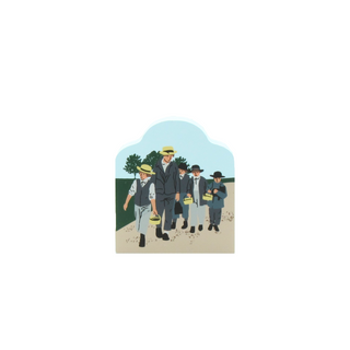 3/4" wooden replica of a group of amish boys walking on a road
