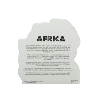 3/4" thick wooden cutout of Map of Africa with text on a white background
