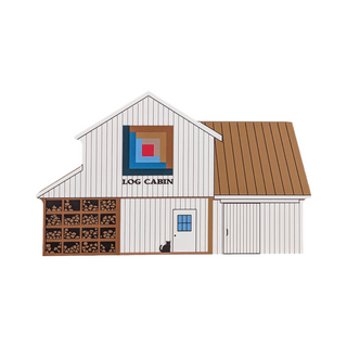 3/4" thick wooden illustration of a white barn with a quilt