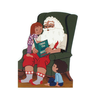 3/4" thick wooden replica with an Illustration of a Santa Claus with a white beard sitting in a green armchair, reading a book to two children. The book reads 'TWAS The New BEFO'.