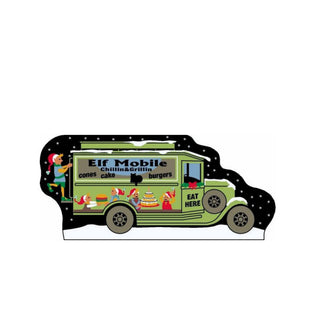 3/4" thick wooden replica with an illustration of an Elf-themed ice cream truck with cartoon elves and text on a black background