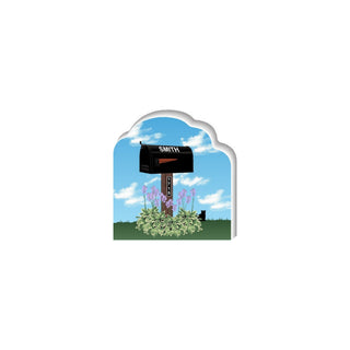 Wooden 3/4" Replica Illustration of a mailbox with the name 'Smith' against a blue sky with clouds.