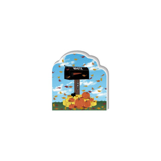 Wooden 3/4" Replica with a mailbox, pumpkins, and autumn leaves on a blue sky background.
