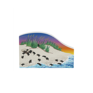 3/4" thick wooden illustration with a beach scene featuring sand, water, and turtles.
