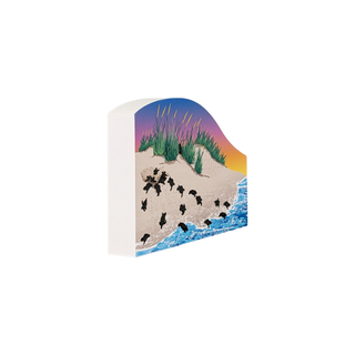 3/4" thick wooden illustration with a beach scene featuring sand, water, and turtles.