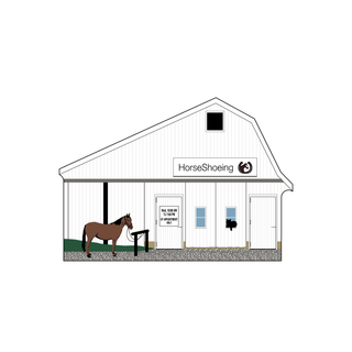 3/4" wooden cut out replica of an amish horse shoeing barn