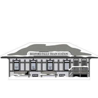 3/4" thick wooden replica with an illustration of a  train station named 'Bedford Falls Train Station' on a white background
