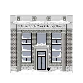 3/4" thick wooden replica with an illustration of a Bedford Falls Trust & Savings Bank with snow on the roof and windows.
