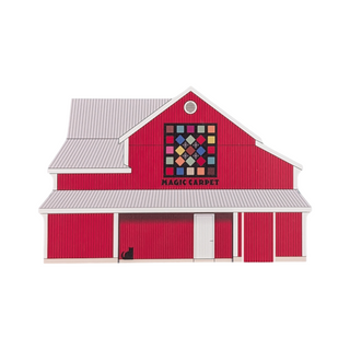 3/4" thick wooden illustration of a red barn with a quilt