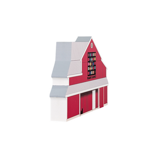 3/4" thick wooden illustration of a red barn with a quilt
