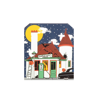 3/4" thick wooden model garage with Halloween decorations under a full moon.