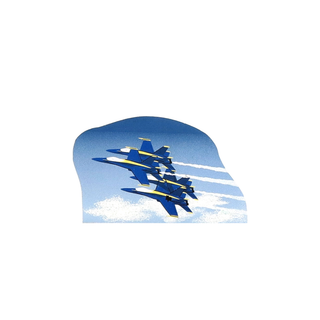 3/4" wooden replica with an illustration of a Four blue fighter jets flying in formation against a blue sky with white clouds.
