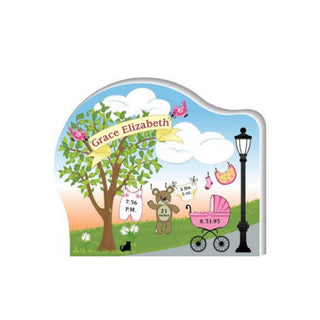 Personalized baby name wooden replica with tree, teddy bear, and stroller illustration.