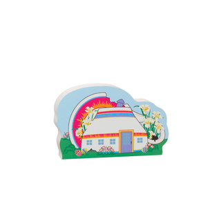 3/4" thick wooden replica with an illustration of a Colorful house with rainbow and flowers on a white background
