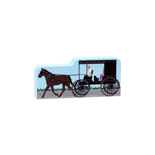 3/4" Wooden replica with an illustration of an amish buggy being pulled by a horse 