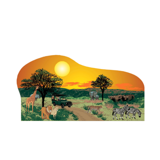 3/4" thick wooden cutout of Safari scene with animals and a jeep at sunset