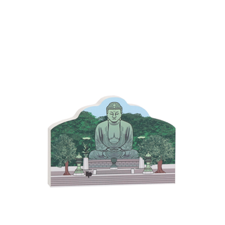 3/4" thick wooden replica with an Illustration of a Statue of Buddha in a garden setting on a white background