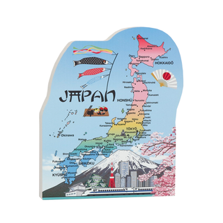 3/4" thick wooden replica with an Illustration of  a Map of Japan with colorful illustrations on a white background
