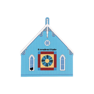 3/4" thick wooden illustration of a blue barn with a quilt