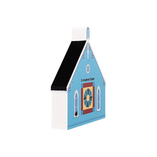 3/4" thick wooden illustration of a blue barn with a quilt