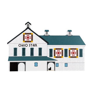 3/4" thick wooden illustration of a white barn with quilts
