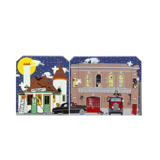 3/4" thick wooden Illustration of a fire station and a building with a moon and stars in the background
