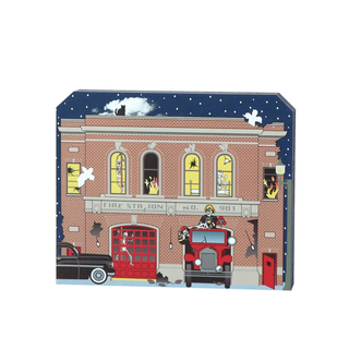 3/4" thick wooden Illustration of a fire station with a vintage fire truck and car on a snowy night.