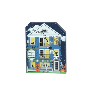 3/4" thick wooden Halloween-themed house illustration with spooky elements on a blue background
