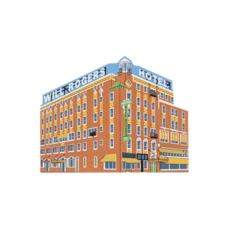 3/4" thick wooden replica with an illustration of a"WILL ROGERS HOTEL" on a plain white background.