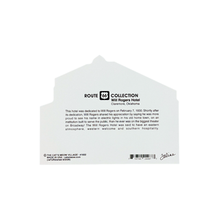 back of product of  Will Rogers Hotel in Clarome, Oklahoma, featuring printed black text and a small signature, shown against a plain white background.