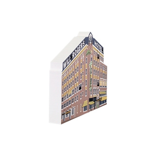 3/4" thick model with a design of a building on the front, and information on the back.