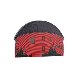 3/4" thick wooden Red round building with a black roof on a white background