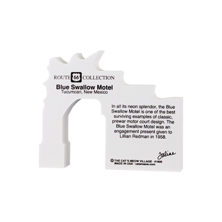 3/4" thick model with text about the Blue Swallow Motel and Route 66 Collection branding.