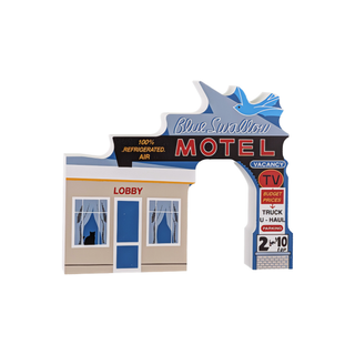 3/4" thick wooden Model of a motel building with 'Blue Swallow Motel' sign on a white background