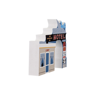 3/4" thick wooden 3D model of a motel building with a sign reading 'Blue Swallow Motel' on a white background