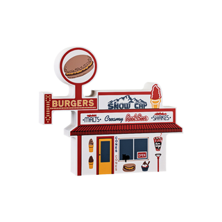 3/4" thick wooden Decorative sign of a retro-style diner with burgers, shakes, and other food items.