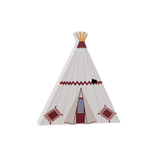 3/4" thick wooden Decorative wall art of a teepee with geometric patterns on a white background