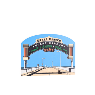 3/4" thick wooden decorative sign for Santa Monica Pier with text about sport fishing, boating, and cafes.