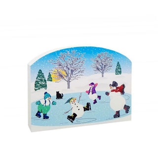 3/4" thick wooden replica with an illustration of a winter scene illustration on a white background