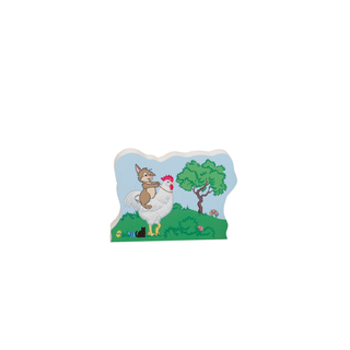 3/4" thick wooden replica with an illustration of  a rooster and rabbit design on a white background