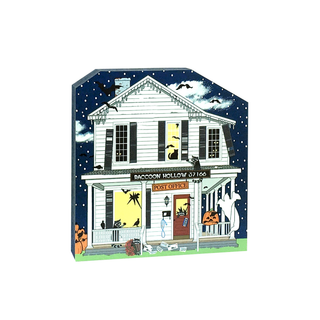 3/4" thick wooden Halloween-themed house with ghost, pumpkins, and bats on a dark blue background