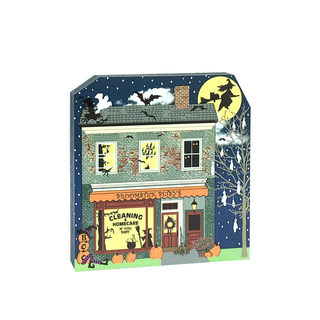 3/4" thick wooden Halloween-themed store front with pumpkins, ghosts, and bats on a dark blue background.